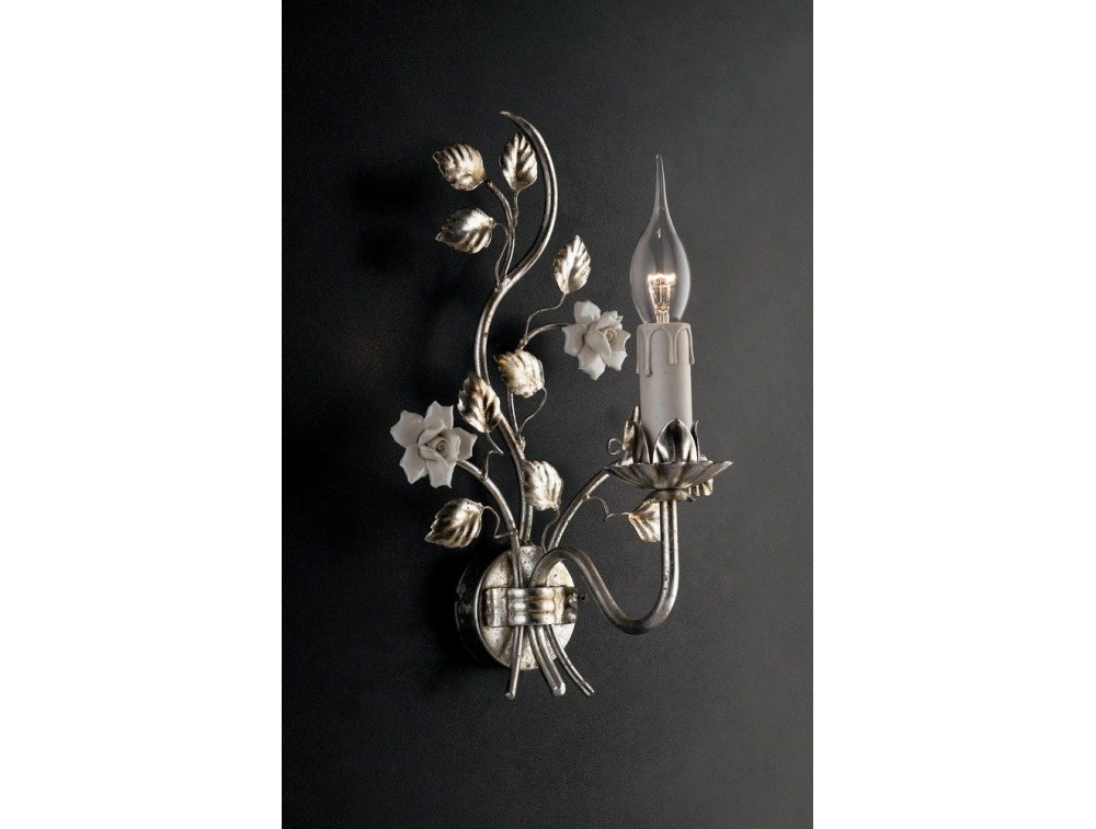 Applique classico 1 luce in ferro battuto foglia argento e ceramica